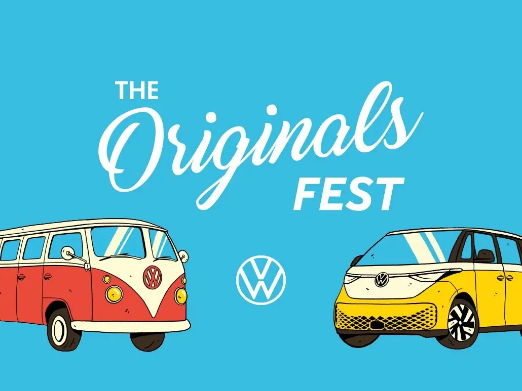 Illustrated Volkswagen T1 camper and ID. Buzz on a sky-blue slide for The Originals Fest